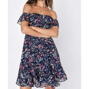 Lulus My Favorite Navy Blue Floral Print Off-the-Shoulder Women's Dress Small